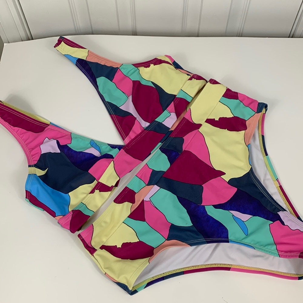 2 pc. Bikini multiple colored, size XL. Pull on top, high waisted bottoms.